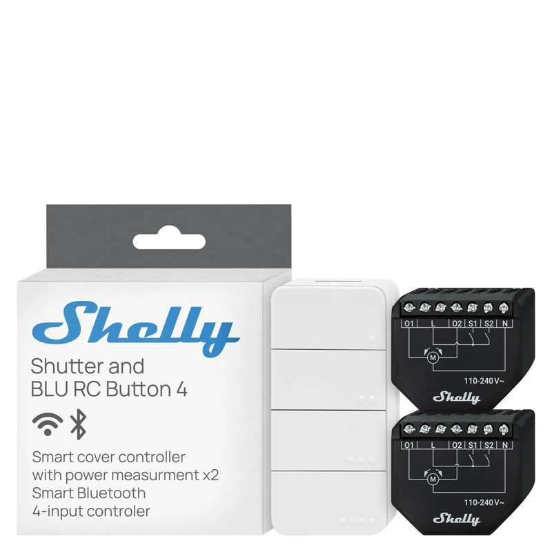 Shelly Shutter x2 & Shelly BLU RC Button 4 (Bundle) - Wi-Fi Smart Roller Shutter Switch, 2 Channels, 4A, Consumption Monitoring, Curtains, Covers and Venetian Blinds, No Hub Required, Alexa & Google