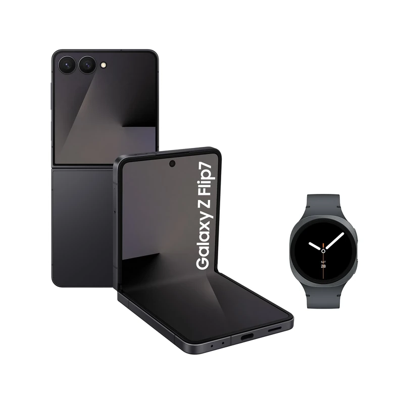 Samsung Galaxy Z Flip7 with Watch8,Thin & Light Foldable Design,Large Cover Screen,50MP Camera,512GB Storage,12GB Memory,4300mAh Battery,Jetblack,3 Year Extended Warranty (UK Version)