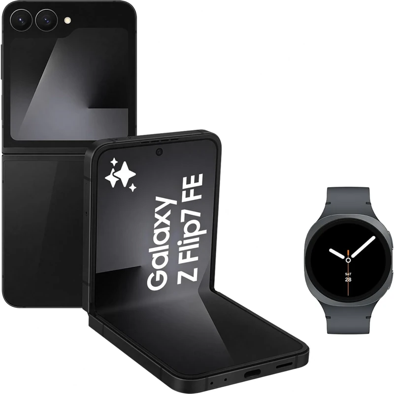 Samsung Galaxy Z Flip7 FE AI Phone with Watch8, Foldable Design, Wide Cover Screen, 50 MP Camera, Smooth Processor, 256GB Storage, 8 GB Memory, Black, 3 Year Extended Warranty (UK Version)