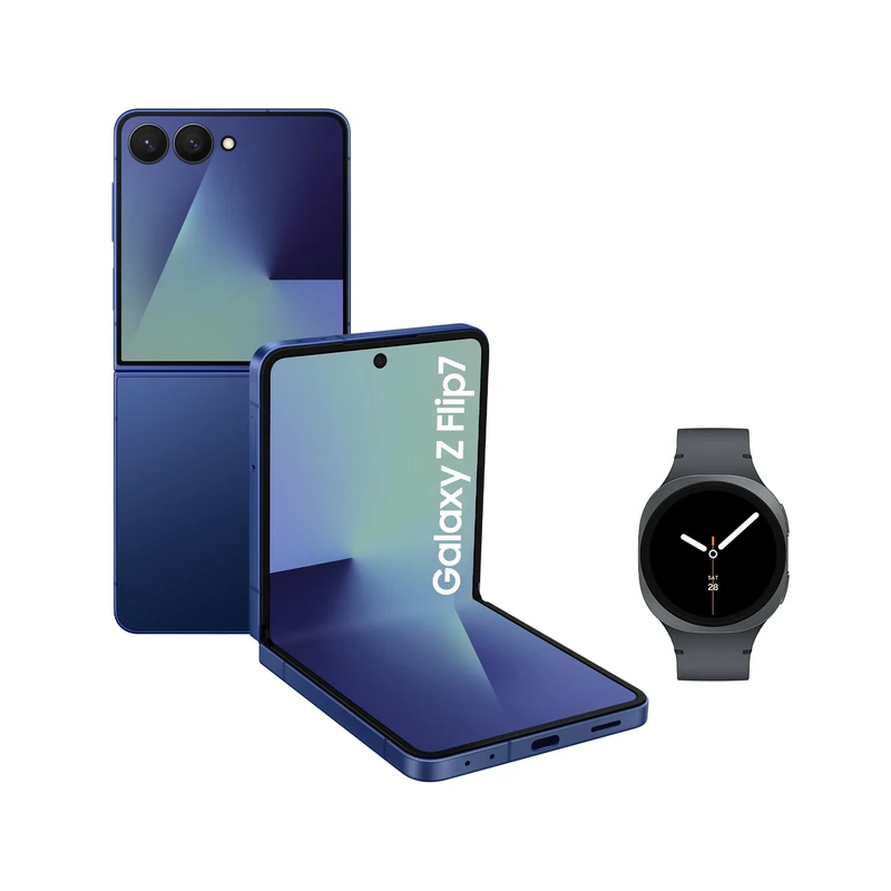 Samsung Galaxy Z Flip7 with Watch8,Thin & Light Foldable Design,Large Cover Screen,50MP Camera,256GB Storage,12GB Memory,4300mAh Battery,Blue Shadow,3 Year Extended Warranty (UK Version)