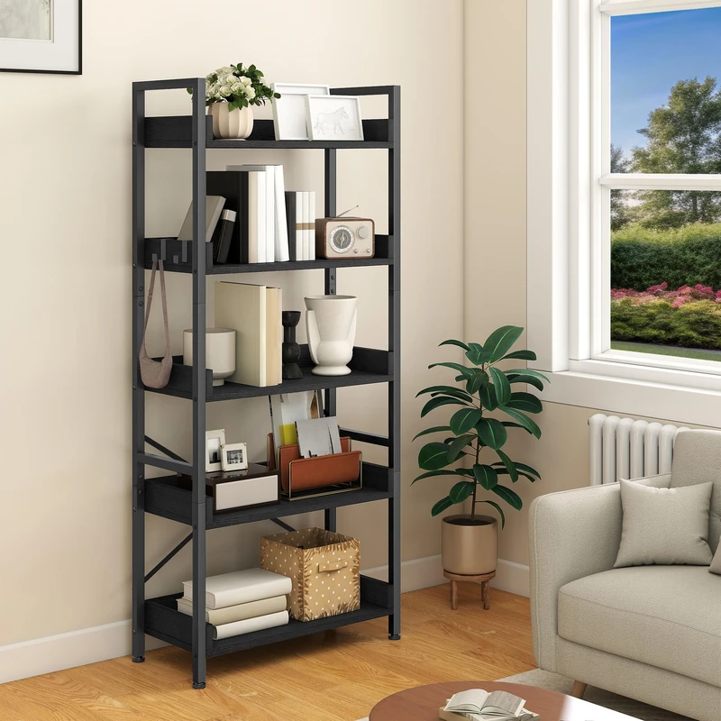 YITAHOME 5 Tier Bookcase, Floorstanding Wooden Shelves with Stable Steel Frame Shelving Unit, Industrial Storage Organizer Shelf with 4 Hooks for Living Room Home Office, Black