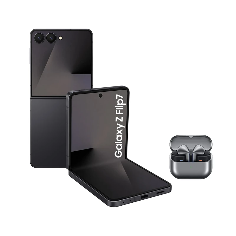 Samsung Galaxy Z Flip7 + Buds3 Pro, Thin & Light Foldable Design, Large Cover Screen, 50MP Camera, 512GB Storage, 12GB Memory, 4300mAh Battery, Jetblack, 3 Year Extended Warranty,(UK Version)