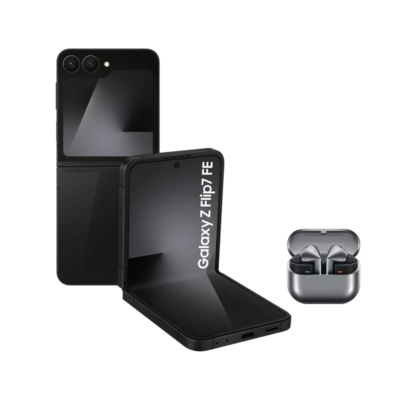 Samsung Galaxy Z Flip7 FE AI Phone + Buds3, Foldable Design, Wide Cover Screen, 50 MP Camera, Smooth Processor, 256GB Storage, 8 GB Memory, Black, 3 Year Extended Warranty (UK Version)