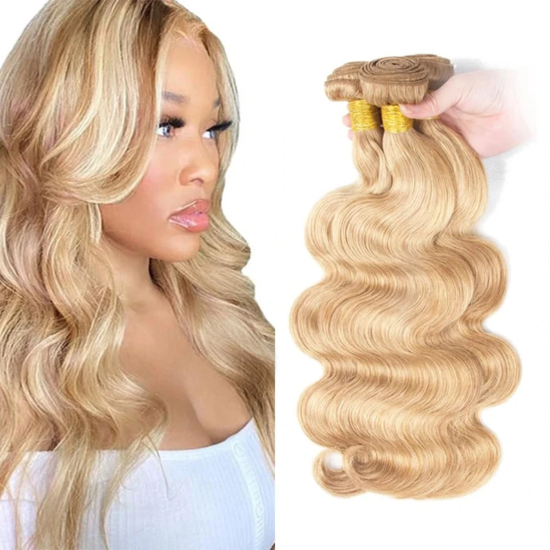Jucames P27/613 Highlight Blonde Human Hair Bundles Honey Blonde Body Wave Double Weft Virgin Unprocessed Human Hair Extensions Weave 3 Bundles Total 150g 18 20 22 Inch