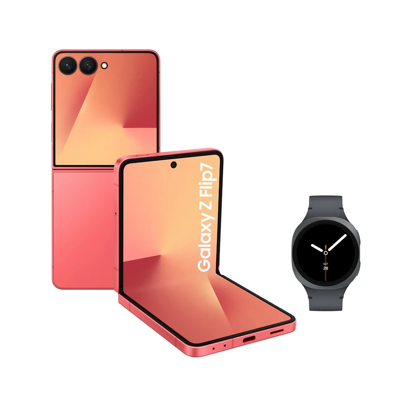 Samsung Galaxy Z Flip7 with Watch8,Thin & Light Foldable Design,Large Cover Screen,50MP Camera,256GB Storage,12GB Memory,4300mAh Battery,Coralred,3 Year Extended Warranty (UK Version)