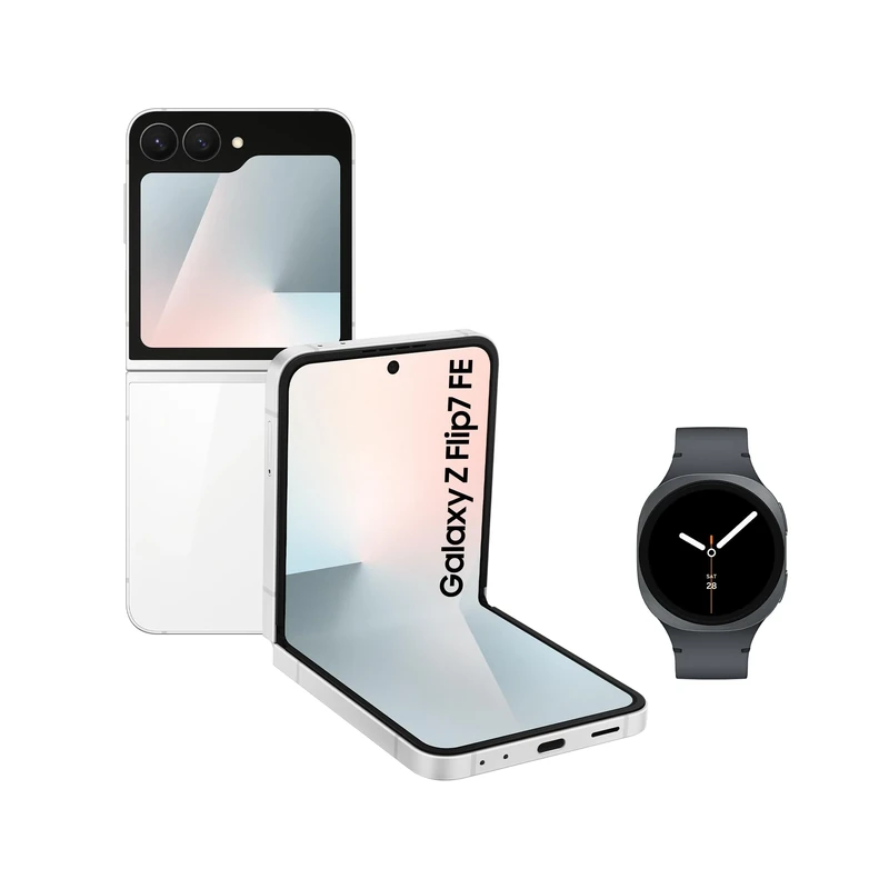 Samsung Galaxy Z Flip7 FE AI Phone with Watch8, Foldable Design, Wide Cover Screen, 50 MP Camera, Smooth Processor, 128GB Storage, 8 GB Memory, White, 3 Year Extended Warranty (UK Version)