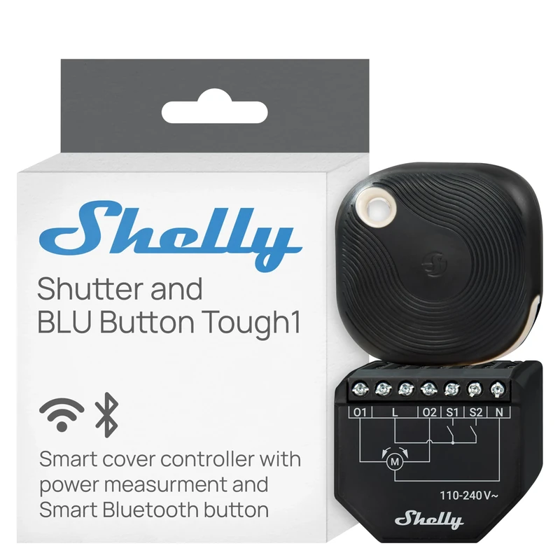 Shelly Shutter & Shelly BLU Button Tough1 (Bundle) - Wi-Fi Smart Roller Shutter Switch, 2 Channels, 4A, Consumption Monitoring, Curtains, Covers and Venetian Blinds, No Hub Required, Alexa & Google