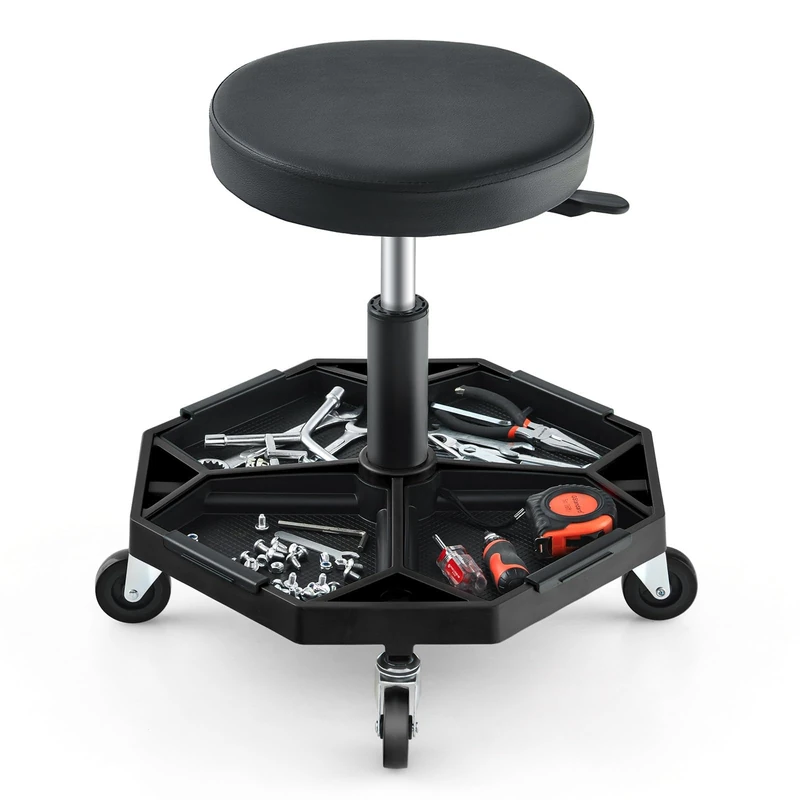 FANATSK Adjustable Roller Seat, 41-55 cm Height Adjustable, Rolling Stool with Shelf & 4 Universal Wheels, Work Stool with Shelf & 4 Universal Wheels for Tools