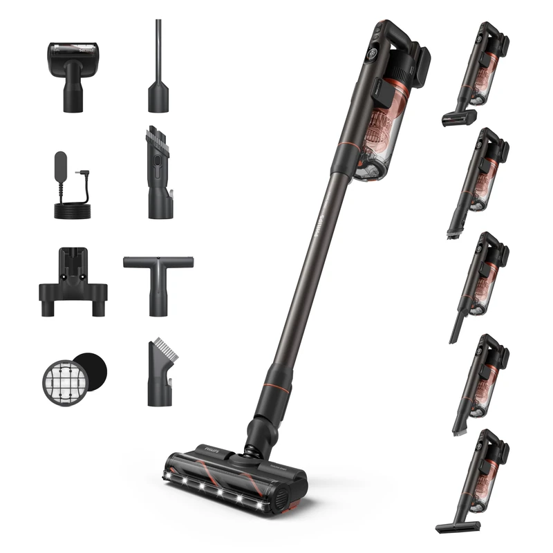 Philips Cordless Vacuum Cleaner 7000 Series Cap, Superior Suction Power, 80 min runtime, Floor Type Recognition, Anti Hair Entanglement, LED nozzles, Easy Empty Bucket (XC7065/01)