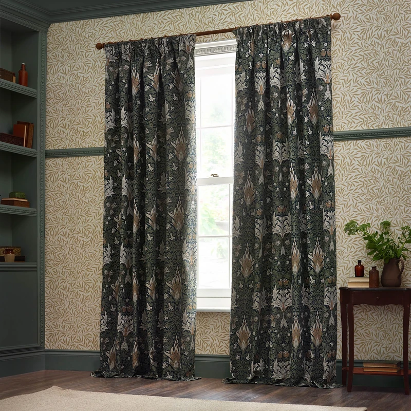 Morris&Co. Snakeshead Pencil Pleat Curtain Pair – Lined Jacquard Chenille Bold Floral Drapes (Indigo/Leaf - 168x183cm)
