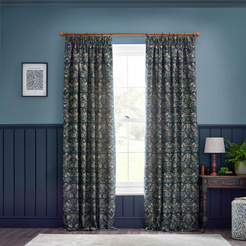 Morris&Co. Strawberry Thief Pencil Pleat Curtain Pair – Iconic Bird & Floral Jacquard Lined Velvet Drapes (Indigo - 117x137cm) - Image 1