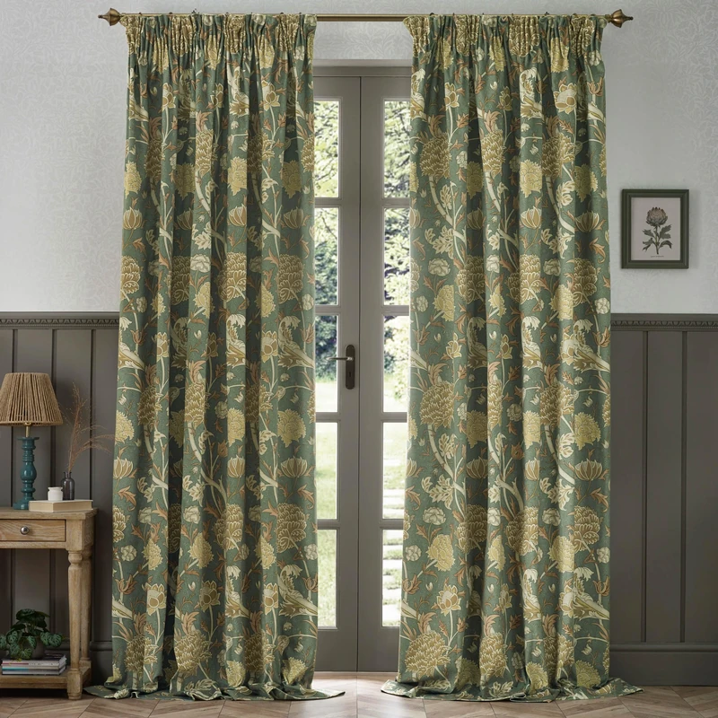 Morris&Co. Cray Pencil Pleat Curtain Pair – Lined Velvet Floral River-Inspired Drapes (Sage/Sunflower - 229x229cm)