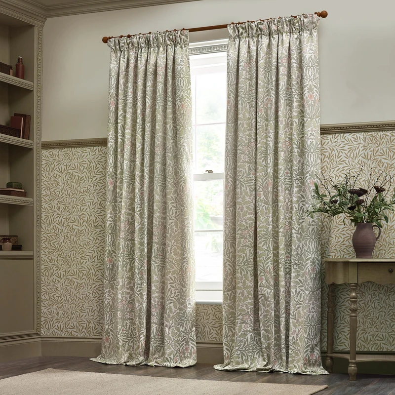 Morris&Co Acorn Pencil Pleat Curtain Pair – Lined Jacquard Chenille with Botanical Floral Heritage Design (Stone/Sage - 229x183cm) - Image 1