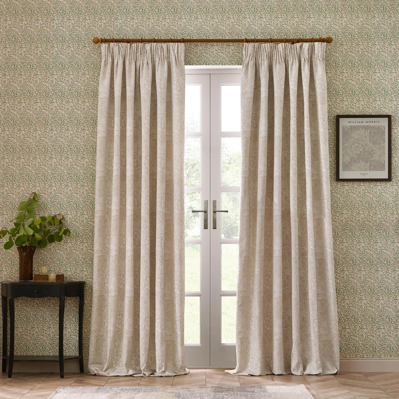 Morris&Co. Marigold Pencil Pleat Curtain Pair – Jacquard Lined Floral Heritage Drapes (Stone - 168x229cm) - Image 1