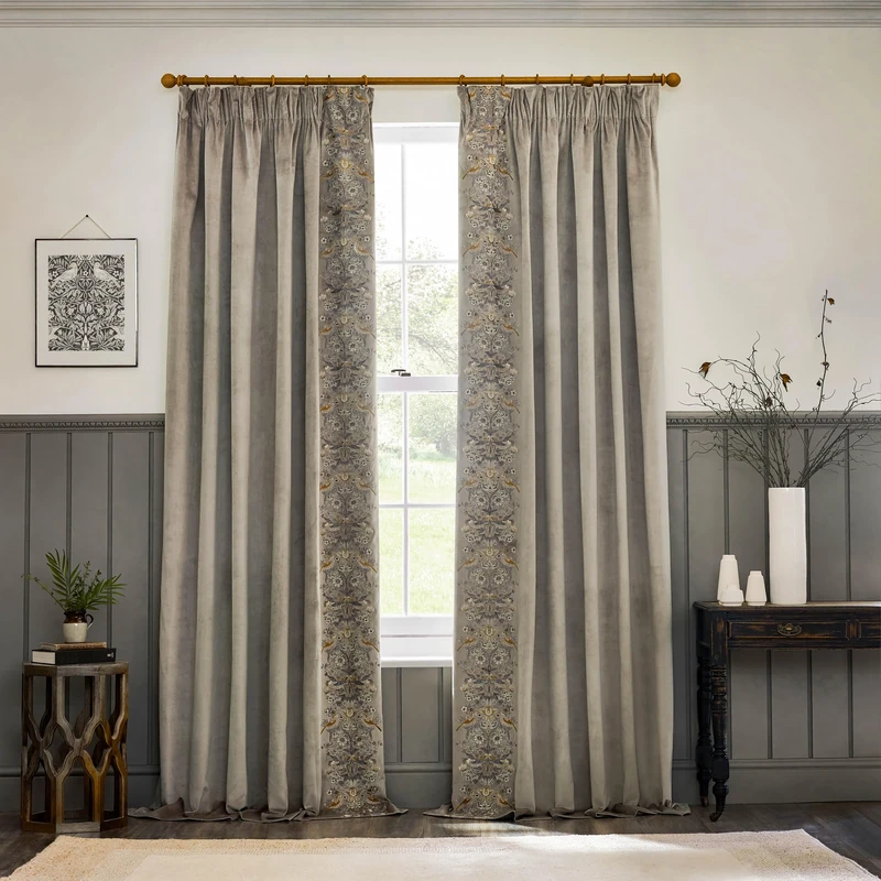 Morris&Co. Strawberry Thief Pencil Pleat Curtain Pair – Iconic Bird & Floral Embroidered Lined Velvet Drapes (Biscuit - 168x229cm)