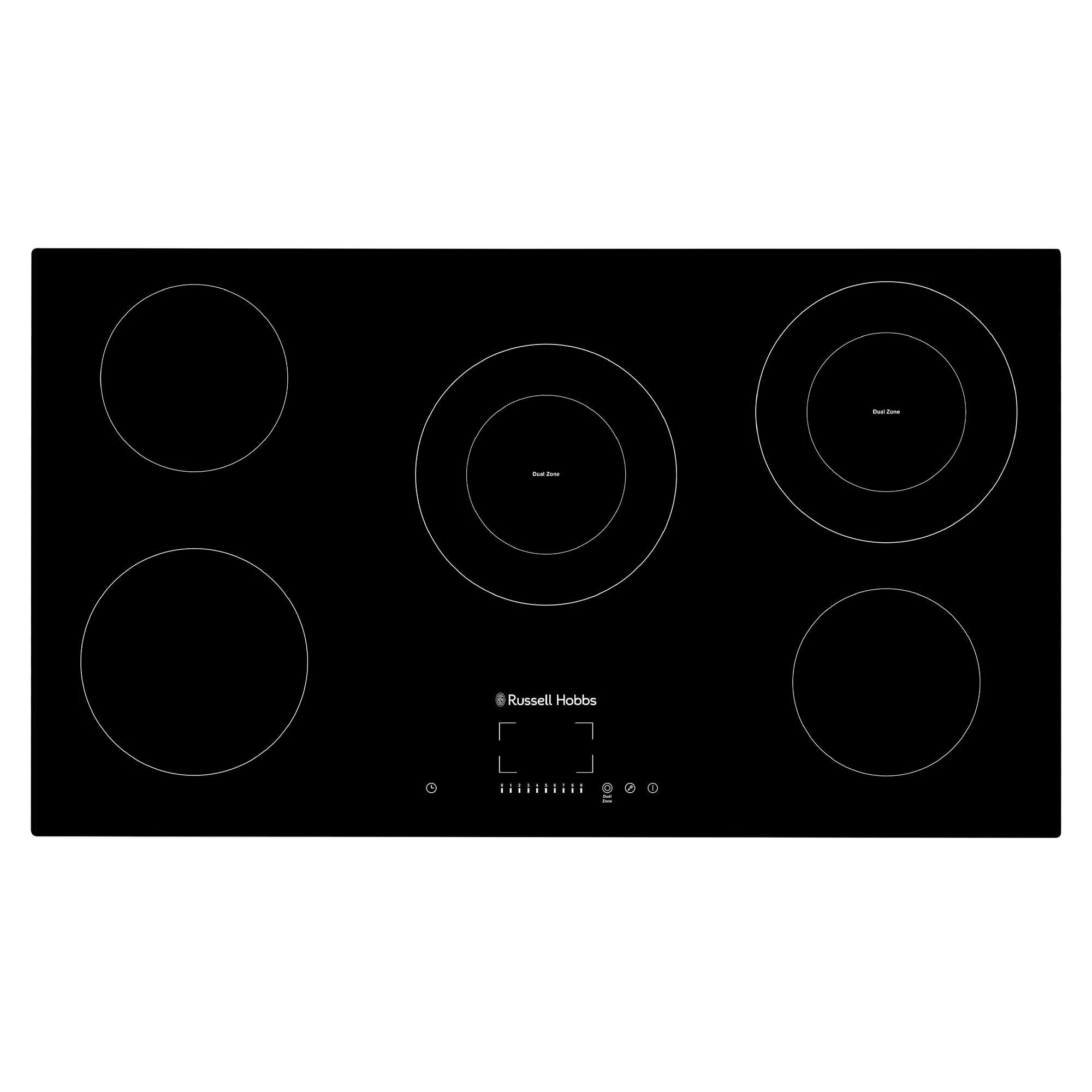 Russell Hobbs, 90cm Electric Hob, Black, 5 Cooking Zones, 2 Dual-Cooking Spaces, 99-Minute Timer, 9-Stage Power Settings, Residual Heat Indicator, Auto Switch Off, Child Lock, Touch Control,RH90EH7013