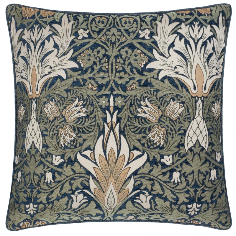 Morris&Co. Snakes Head Feather Rich Filled Cushion – Botanical Jacquard Chenille Pillow with Piped Edge Trim (Indigo/Leaf Green - 55x55cm)