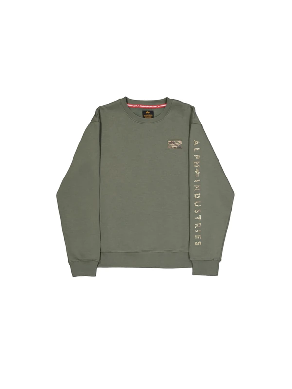 Alpha Industries Men's Camo Sleeve Crewneck Sweatshirt, Dark Olive, L