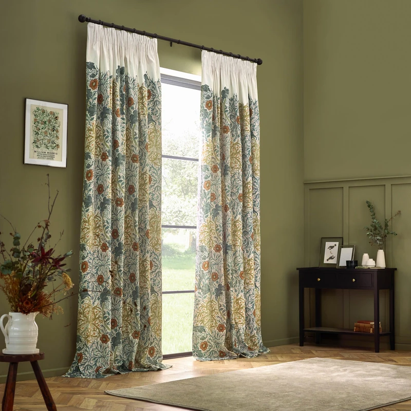 Morris&Co. Seaweed Pencil Pleat Curtain Pair – Lined Velvet Floral Art Nouveau Drapes (Stone/Sunflower - 229x183cm)