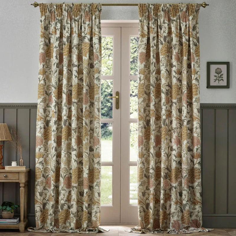 Morris&Co. Cray Pencil Pleat Curtain Pair – Lined Velvet Floral River-Inspired Drapes (Stone/Clay - 229x183cm)