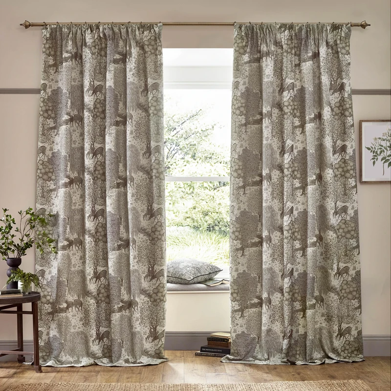 Morris&Co. Brook Pencil Pleat Curtain Pair – Lined Jacquard Woodland Tapestry-Inspired Drapes (Linen - 168x229cm)