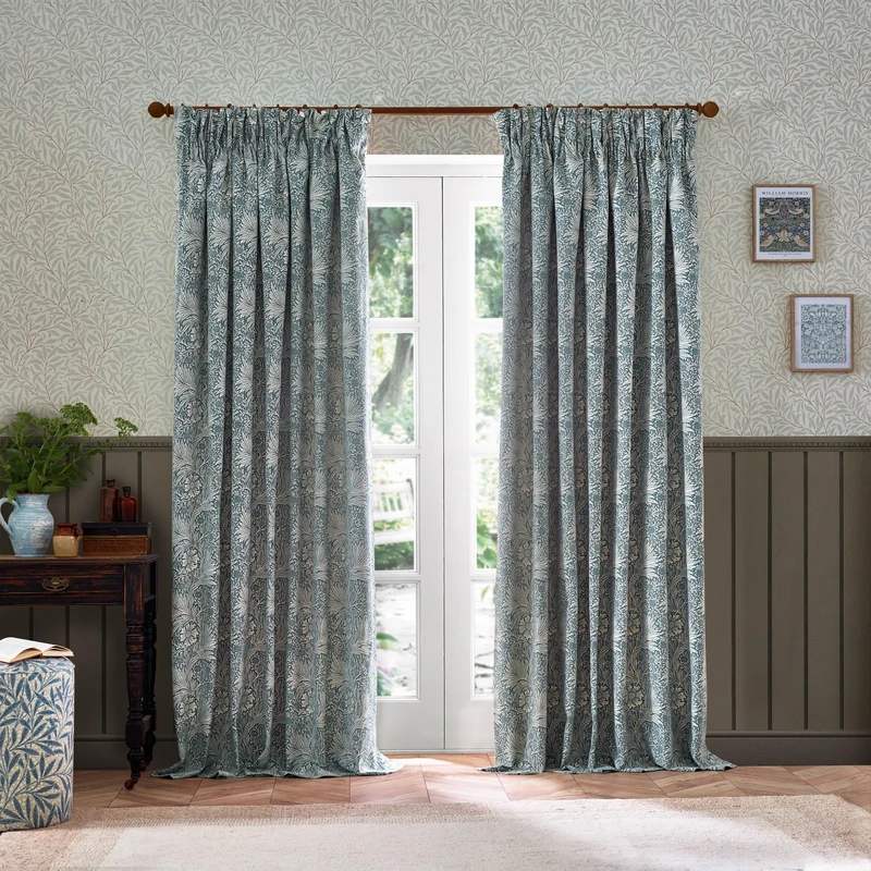 Morris&Co. Marigold Pencil Pleat Curtain Pair – Jacquard Lined Floral Heritage Drapes (Indigo - 117x137cm)
