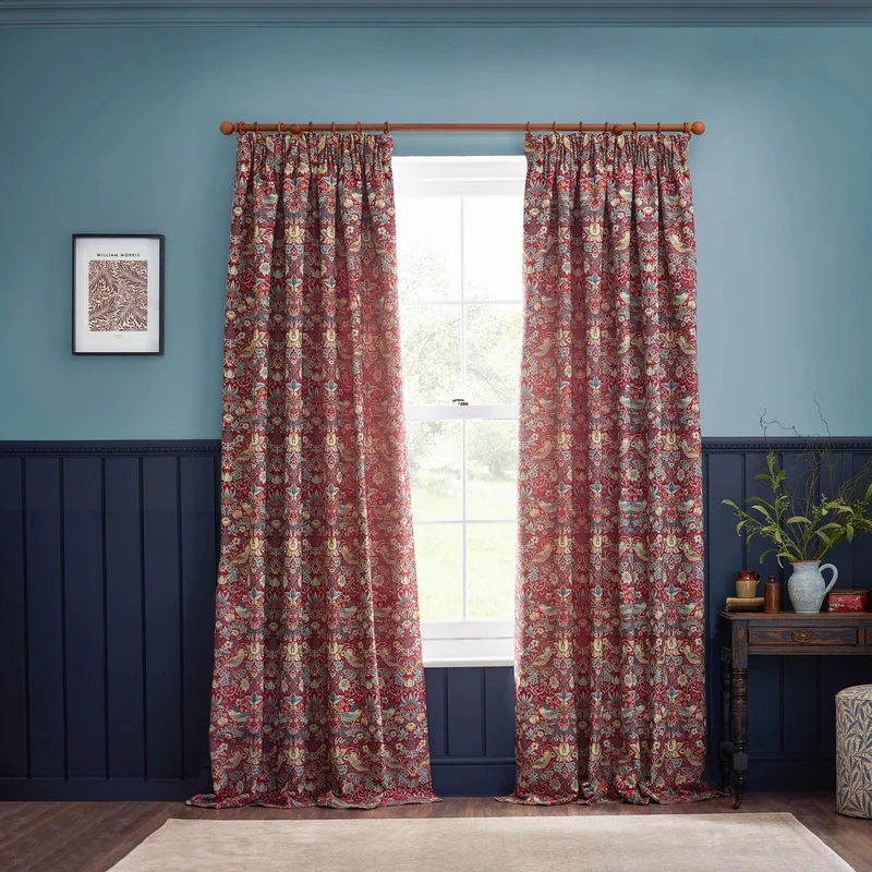 Morris&Co. Strawberry Thief Pencil Pleat Curtain Pair – Iconic Bird & Floral Jacquard Lined Velvet Drapes (Berry - 168x137cm) - Image 1