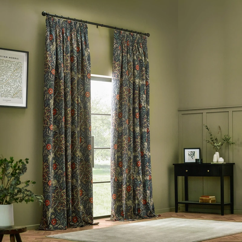 Morris&Co. Seaweed Pencil Pleat Curtain Pair – Lined Velvet Floral Art Nouveau Drapes (Indigo - 168x229cm)
