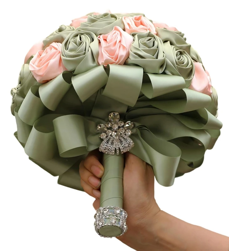 Gkvszy Wedding Bridal Bouquet Handmade for Bride Bridesmaid Quinceanera Bouquet Round Satin Rose Flower Bouquet Wedding Sage Green and Pale Pink 9.8in