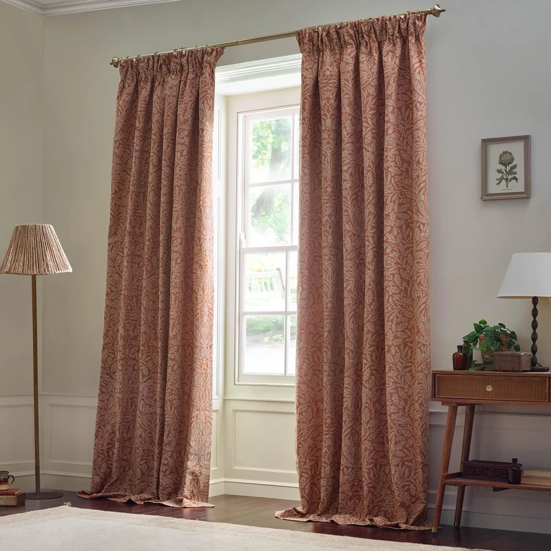 Morris&Co. Acorn Tonal Pencil Pleat Curtain Pair – Lined Matt Jacquard Drapes with Botanical Floral Design (Brick - 168x229cm) - Image 1