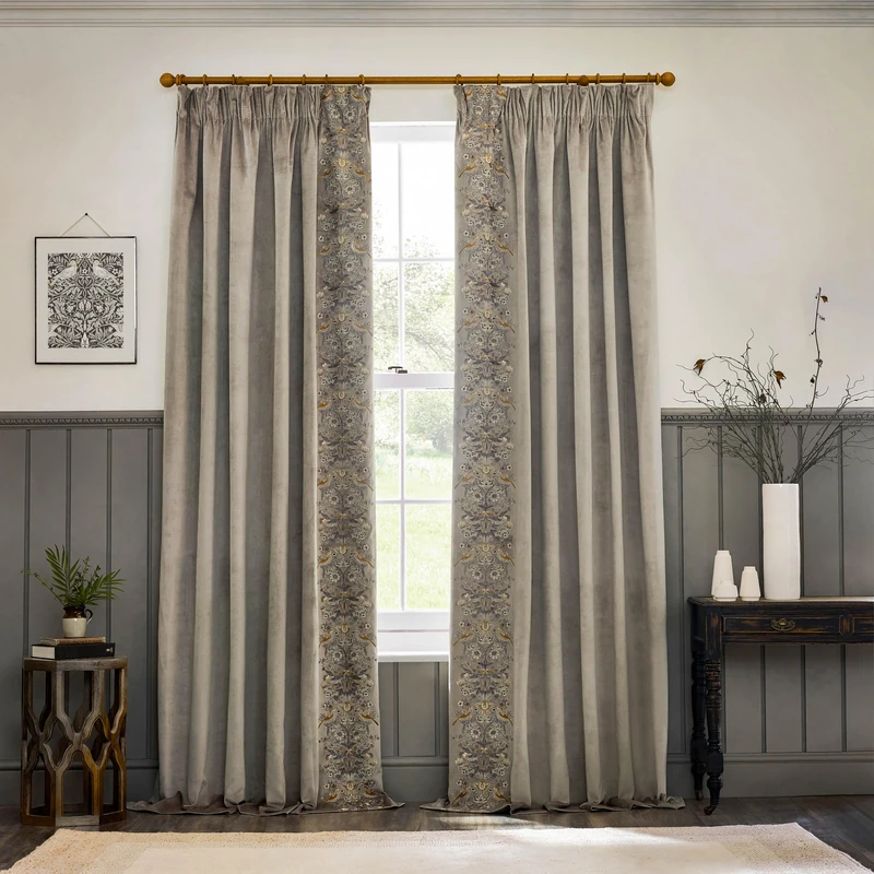 Morris&Co. Strawberry Thief Pencil Pleat Curtain Pair – Iconic Bird & Floral Embroidered Lined Velvet Drapes (Biscuit - 229x229cm)