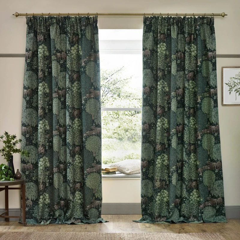 Morris&Co. Brook Pencil Pleat Curtain Pair – Lined Jacquard Woodland Tapestry-Inspired Drapes (Forest Green - 168x229cm)