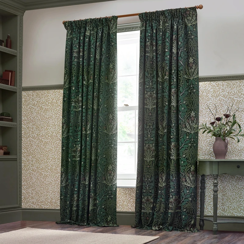 Morris&Co Acorn Pencil Pleat Curtain Pair – Lined Jacquard Chenille with Botanical Floral Heritage Design (Thyme/Forest - 168x183cm)
