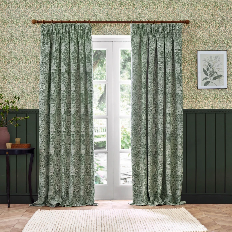 Morris&Co. Marigold Pencil Pleat Curtain Pair – Jacquard Lined Floral Heritage Drapes (Leaf Green - 117x137cm)