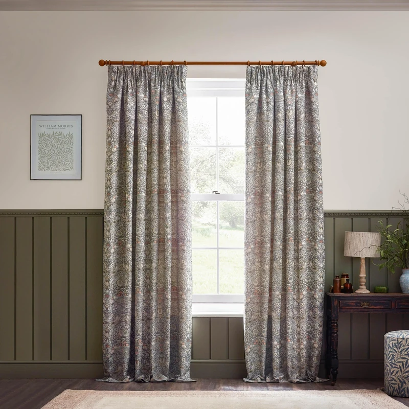 Morris&Co. Strawberry Thief Pencil Pleat Curtain Pair – Iconic Bird & Floral Jacquard Lined Velvet Drapes (Biscuit - 229x183cm)