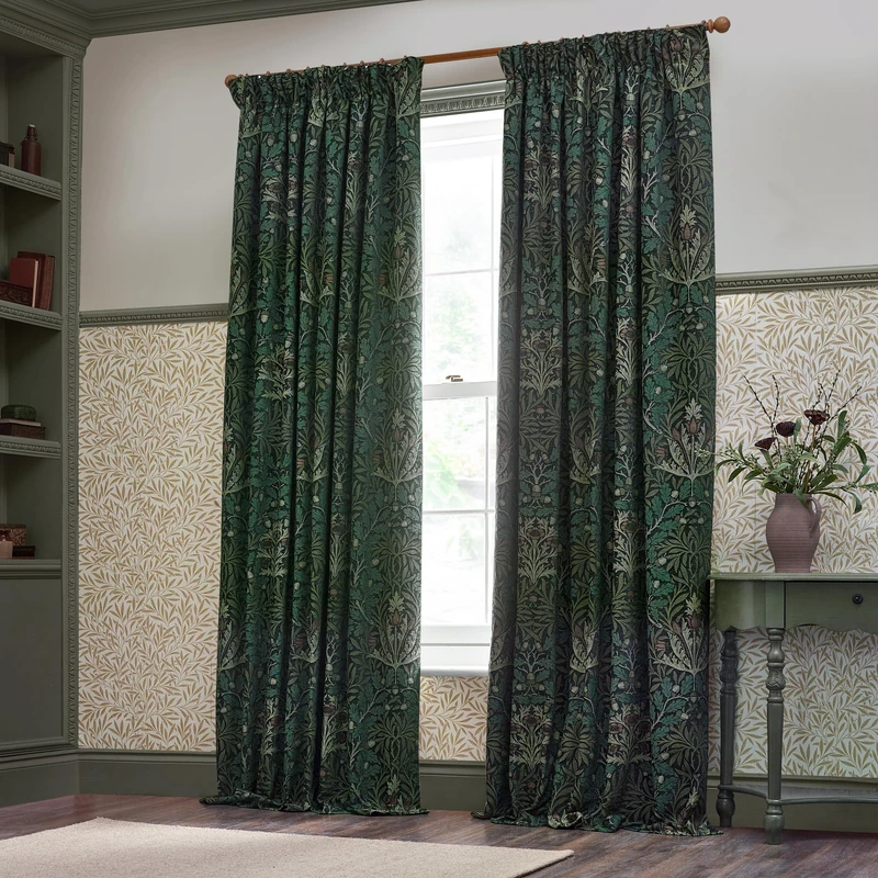 Morris&Co Acorn Pencil Pleat Curtain Pair – Lined Jacquard Chenille with Botanical Floral Heritage Design (Thyme/Forest - 117x137cm)