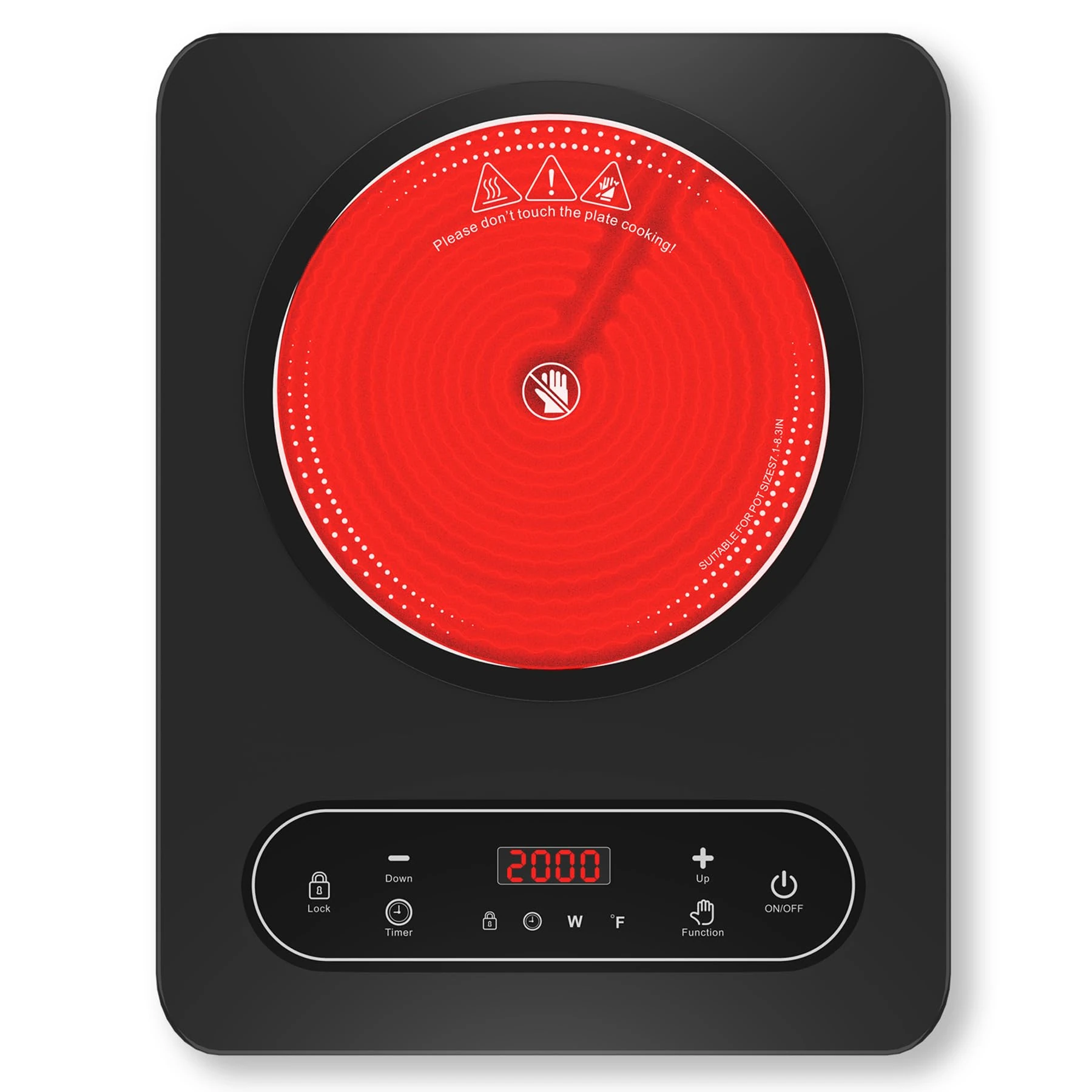 VBGK Portable Ceramic Hob for All Cookware, Pulg in Electric Hob, Electric Cooker Hob with Black Crystal Panel Body, 240 Mins Timer, Child Safety Lock, 10 Heat Settings 176-518°F