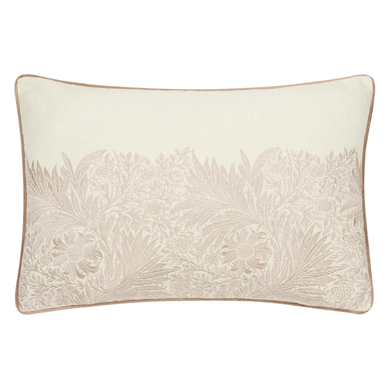 Morris&Co. Marigold Feather Rich Filled Cushion – Embroidered Floral Design Pillow with Velvet Piping (Stone - 40x60cm)