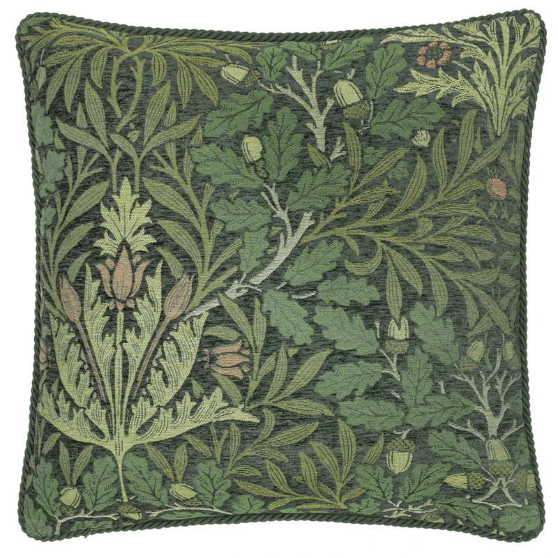 Morris&Co. Acorn Feather Rich Filled Cushion – Piped Jacquard Woodland Pillow with Rope Trim (Thyme/Forest - 55x55cm)
