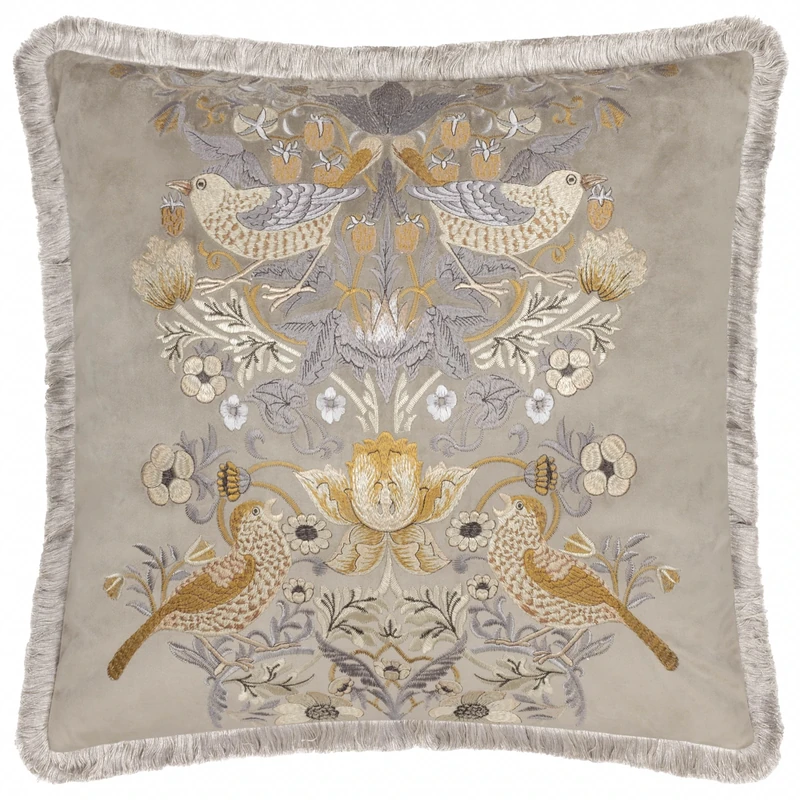 Morris&Co. Strawberry Thief Feather Rich Filled Cushion – Piped Embroidered Velvet Pillow with Fringed Trim (Biscuit - 50x50cm)