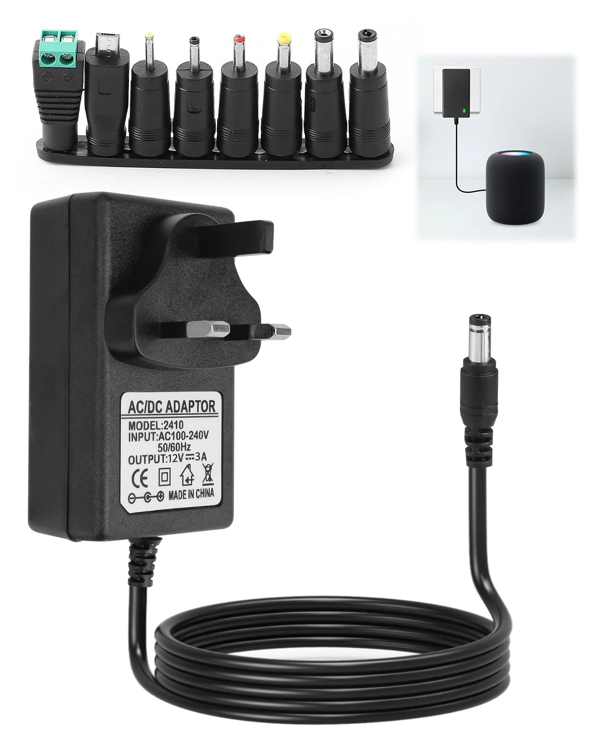 Universal Power Supply Cable Adapter UK 12V 3A 36W AC DC Transformer with 8 DC Connectors 100-240V 50-60Hz for Household Electronics CCTV Camera Speakers Routers TV Box Tablet E-Reader LED Strips