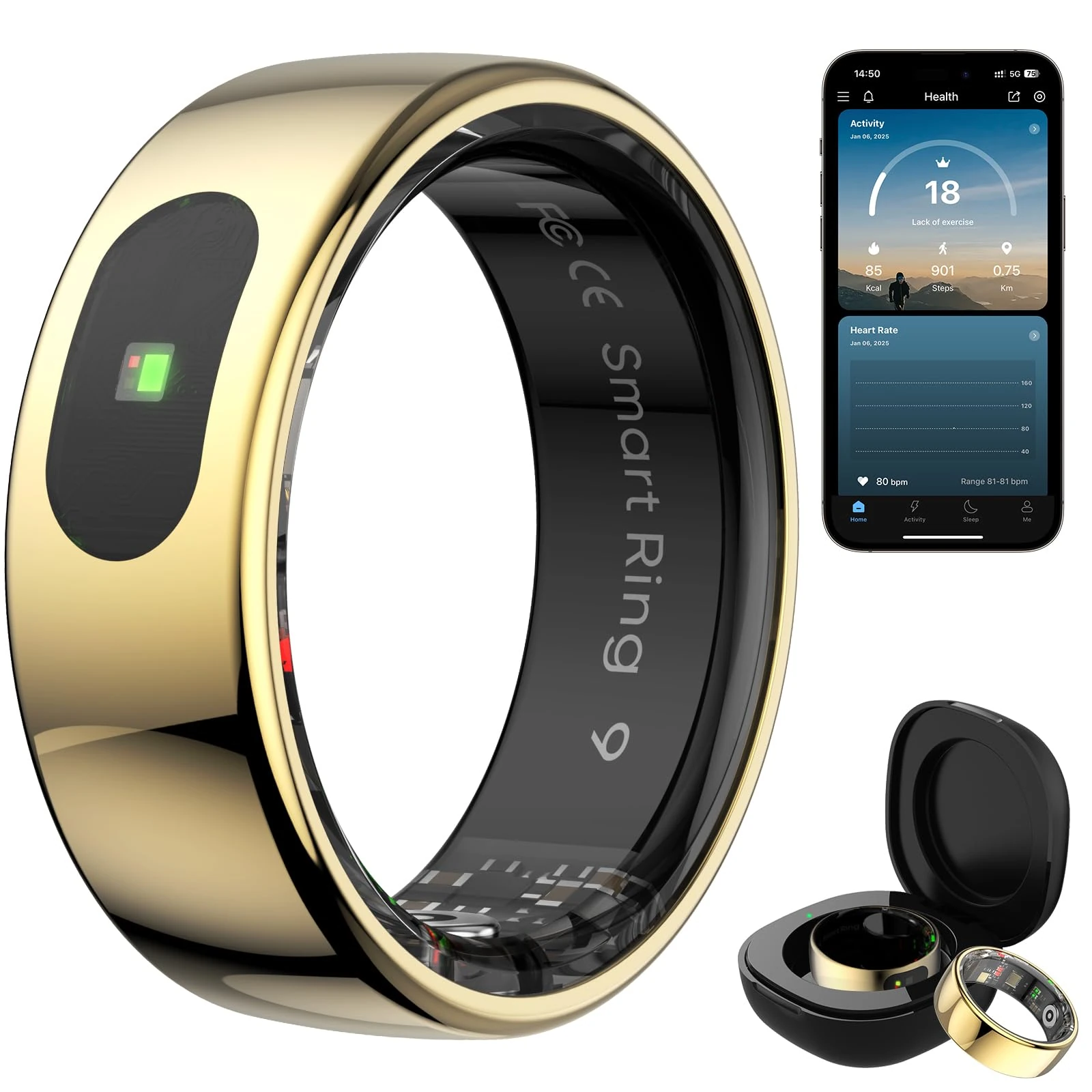 Weyrinice Smart Ring for Women & Men - Touch Control Health Tracker with Skin Temperature Monitoring, Sleep, Step & Exercise Tracking, Music & Video Control (Gold, 7)