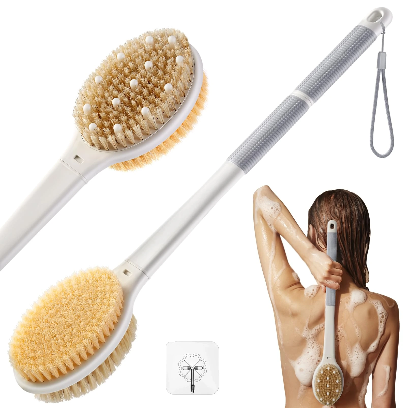Back Scrubber Body Shower Brush: Massage & Exfoliation Dry Brush Anti Slip 18.1" Long Handle Bath Brush with Stiff and Soft Bristles - Showering Blood Circulation for Women Men Elderly (Grey)