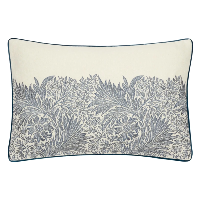 Morris&Co. Marigold Feather Rich Filled Cushion – Embroidered Floral Design Pillow with Velvet Piping (Indigo - 40x60cm)