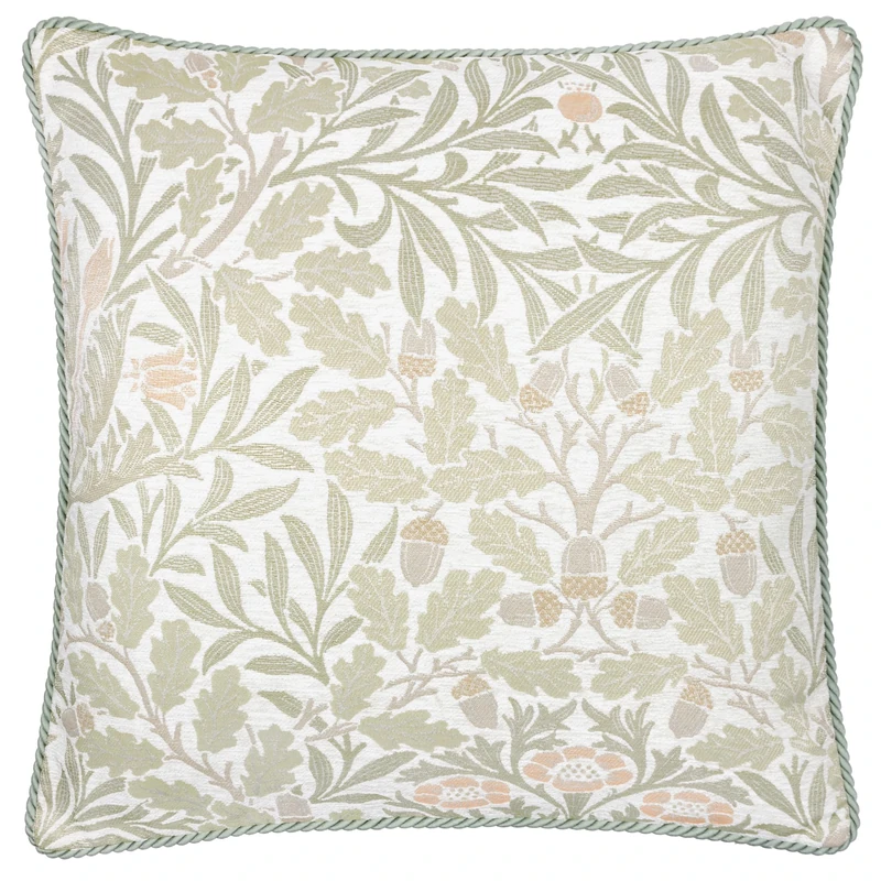 Morris&Co. Acorn Feather Rich Filled Cushion – Piped Jacquard Woodland Pillow with Rope Trim (Stone/Sage - 55x55cm)