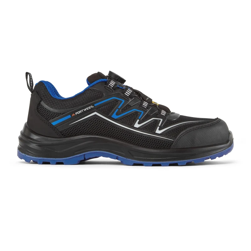 Portwest FT32 Composite Trainer S1PS ESD KPU Mesh Wire Lace Breathable Slip Oil Resistant Anti Static Metal Free Dual Density Safety Footwear, Black/Blue, 39