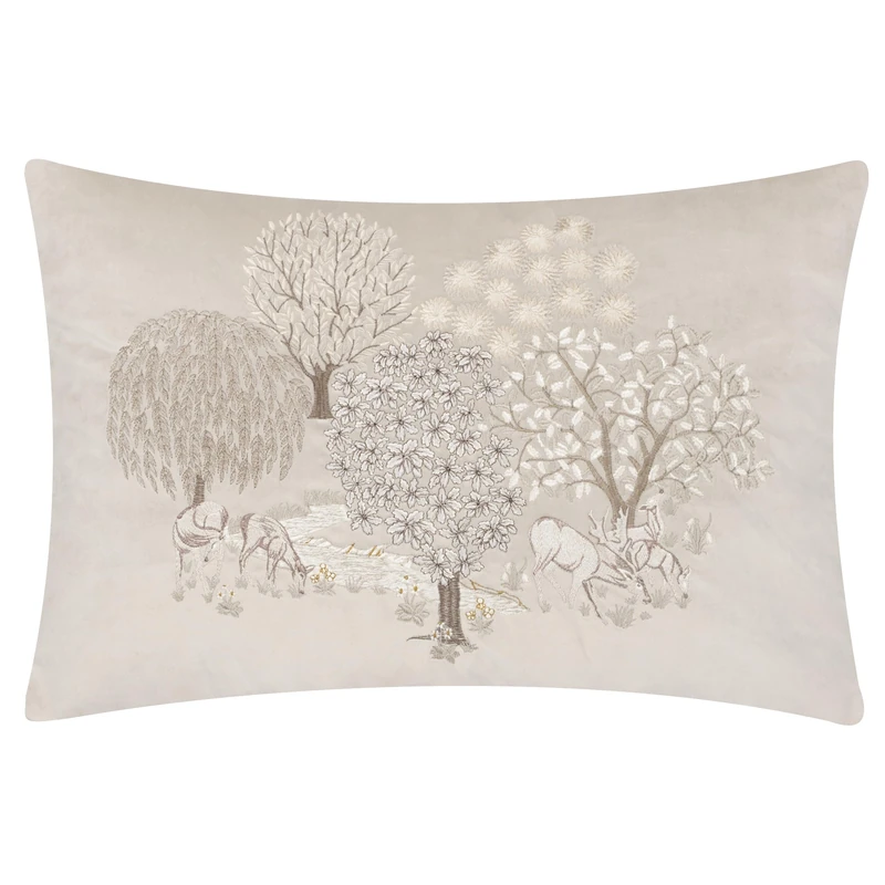 Morris&Co. Brook Feather Rich Filled Cushion – Woodland Tapestry Embroidered Jacquard Velvet Pillow with Braid Trim (Linen - 40x60cm)