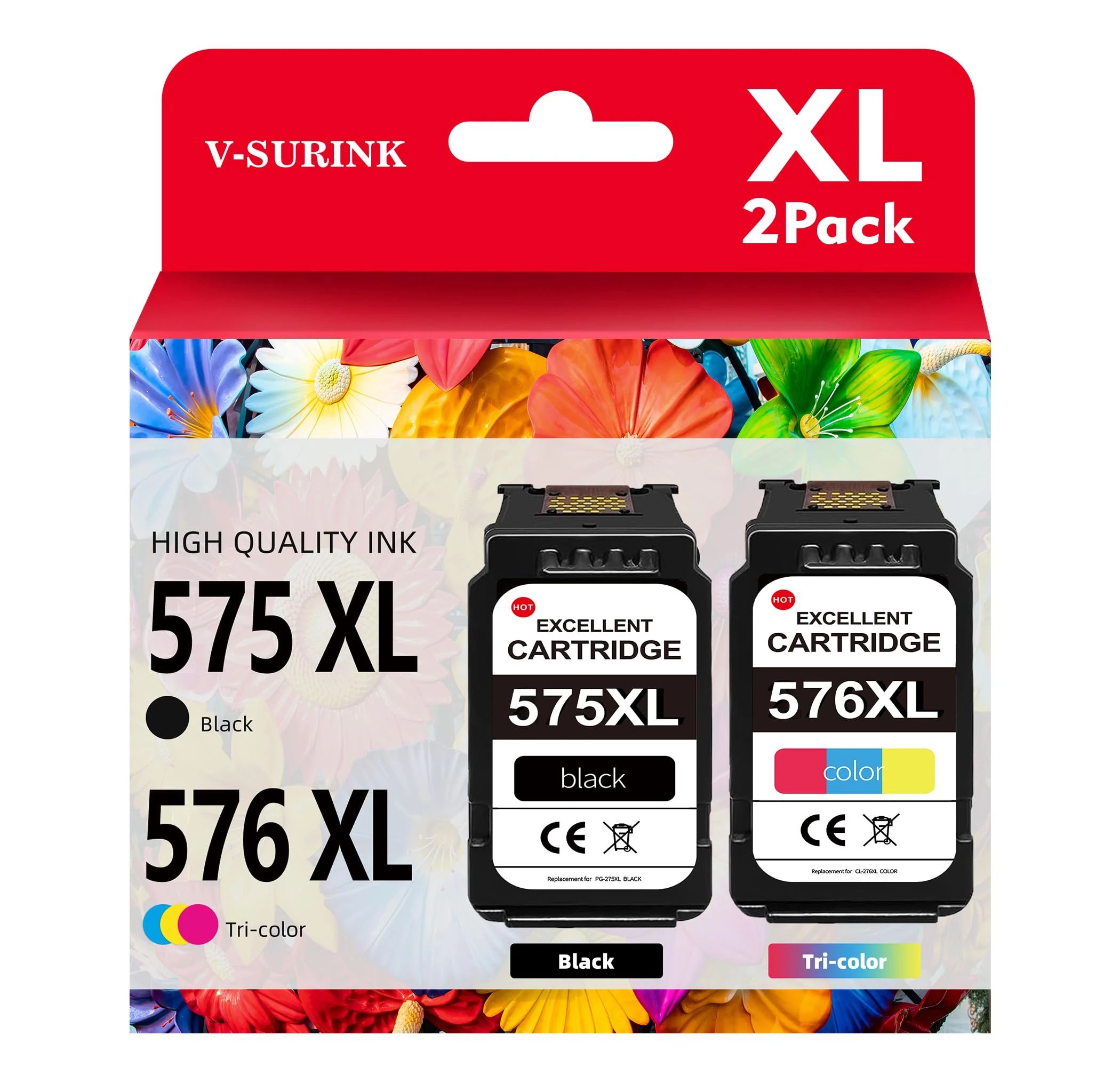 V-Surink PG-575XL CL-576XL Printer Cartridges,PG-575XL CL-576XL Ink Cartridges Replacement for 575 576 Ink Cartridges for PIXMA TS3550i TS3551i TS3750i TR4750i TR4751i Printter (1 Black, 1 Colour)
