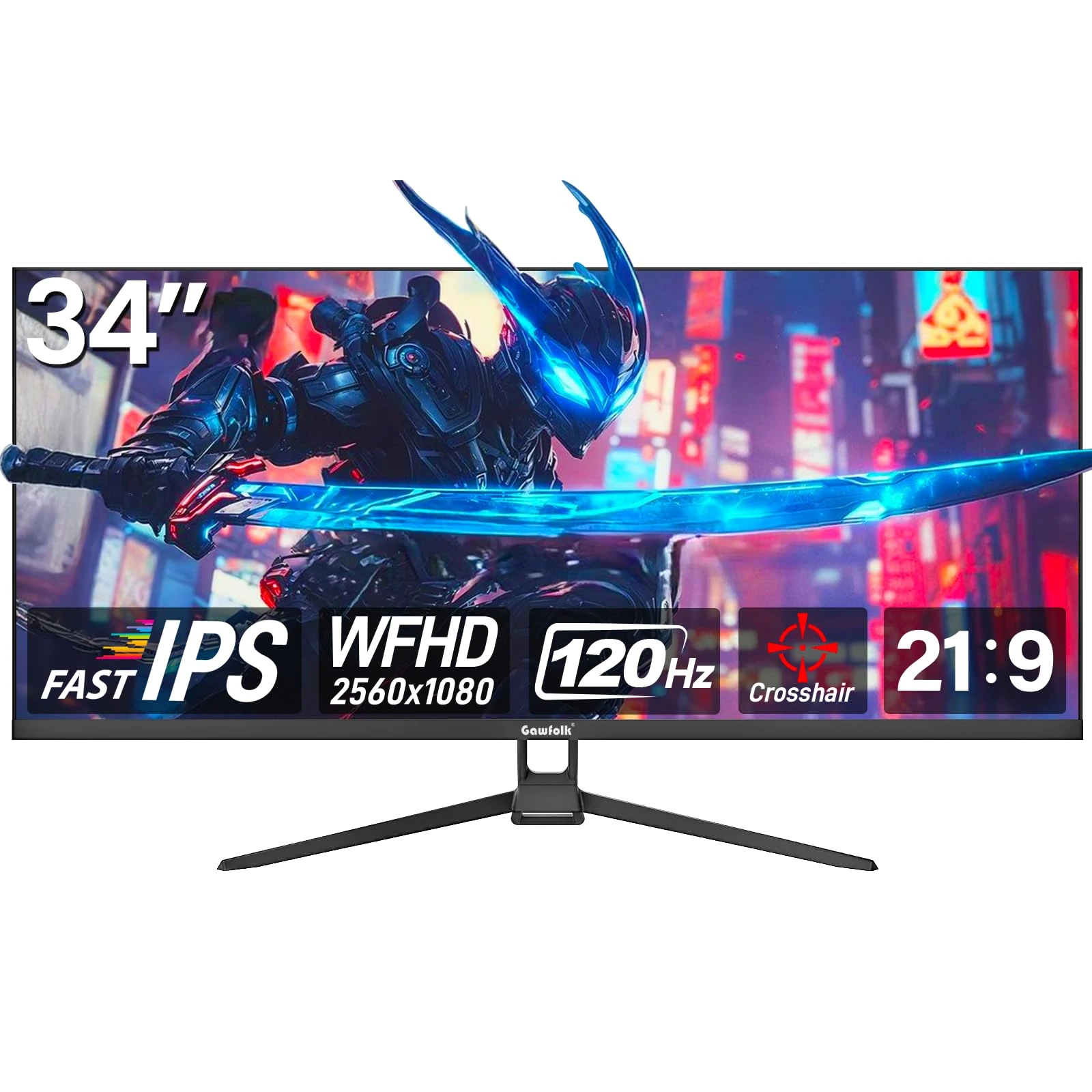 Gawfolk 34-inch Ultra-Wide Gaming Monitor | 21:9 IPS Screen Display | 120Hz Refresh Rate | FreeSync & G-Sync Compatible | HDMI & DP Ports, Wall-mounted 75 * 75mm