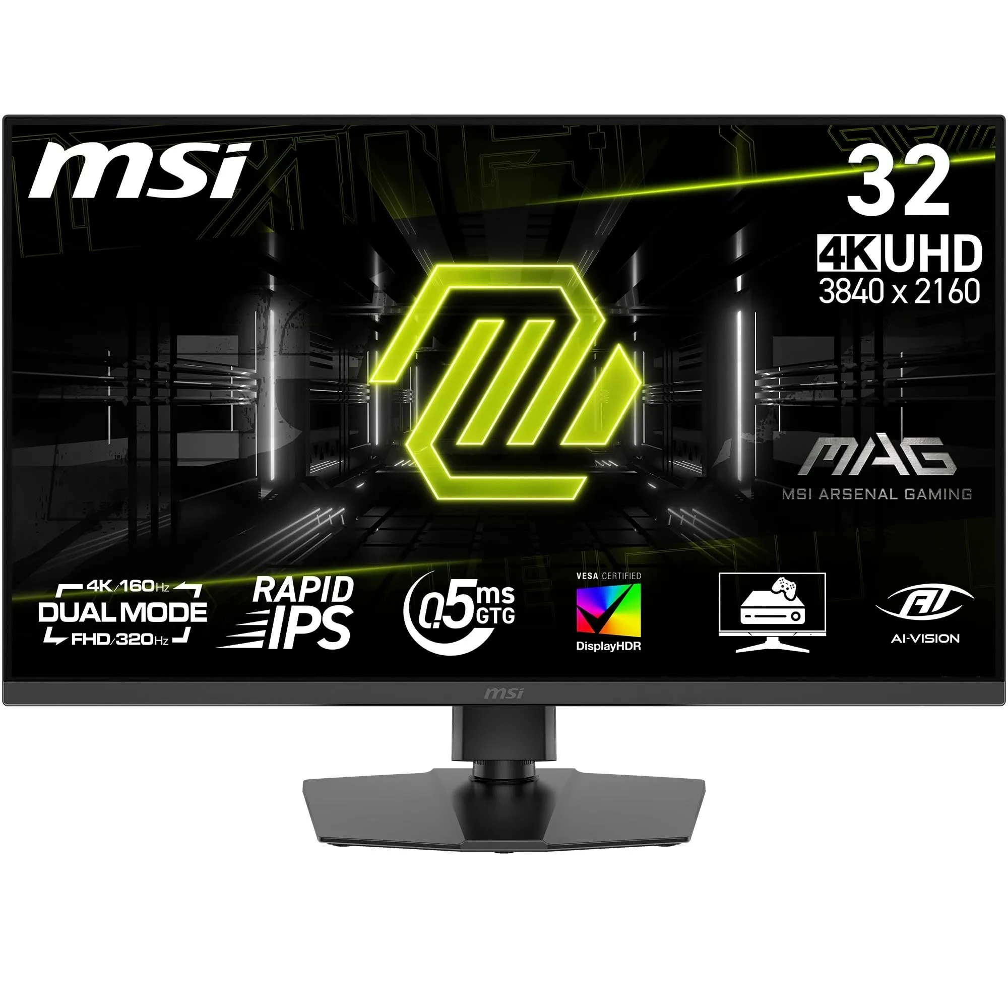 MSI MAG 322URDF E16 32-Inch 4K UHD Gaming Monitor, 3840x2160 Rapid IPS, 0.5ms, DisplayHDR 400, Eye care, AI vision, Dual-Mode, HDMI 2.1, DP 1.4a, Tilt/Height Adjustable, Black